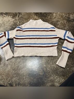 Arizona Jean Company Cream Mock Neck Striped Sweater with Blue & Brown